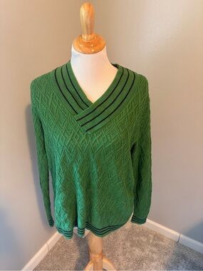 CAbi Green V-Neck Cable Knit Sweater Lucky Day Pullover #4467